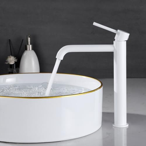 PHASAT Grifo para Lavabo de Baño Alto, Grifos Monomando de Lavabo, Grifos Mezclador de Baño de Acero Inoxidable 304, Grifo de baño Blanco PTMP24W