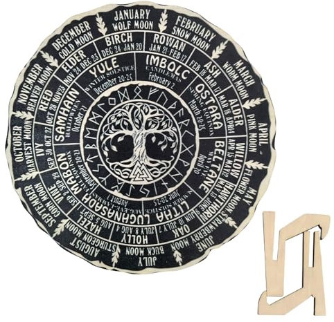 Wheel Of The Year Wood Sign- Celtic Tree of Life Calendar,Pagan Yule Decorations,Round Wooden Wheel of the Year Ornament,Wheel of the Year Wood Sign with Stand,For Living Room,Bedroom,Dining Room