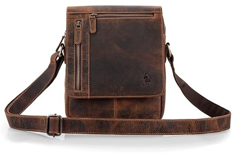 LEARICHI Handgefertigte Umhängetaschen aus Echtem Jäger Leder für Männer, Umhängetasche im Vintage Stil, Rustikale Braune Reisehandtasche
