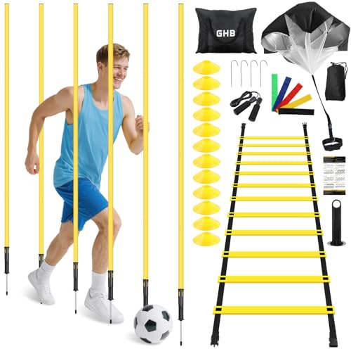 GHB Speed Agility Training Equipment, 6 Agility Poles, 20ft Agility Ladder, 12 Disc Cones, Resistance Parachute, Jump Rope, 4 Resistance Bands, Soccer Training Poles for Speed Agility Training