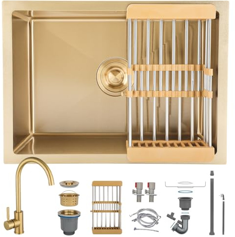 HZKSINNK 60 x 40 cm, dorado, 1 lavabo con grifo de acero inoxidable, fregadero de cocina rectangular, pequeño, con drenaje dorado y componentes de montaje, con cesta de desagüe, fregadero de bar