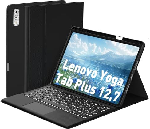DoohowCase Tastatur mit Hülle für Lenovo Yoga Tab Plus 12,7 Zoll, Bluetooth Kabellose Tastatur mit Trackpad, Wiederaufladbar & Abnehmbar & 7 farbige Beleuchtung & QWERTZ, Schwarz
