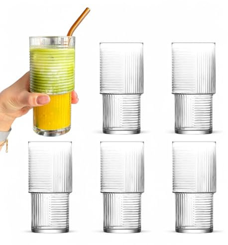 vienberg 6 Stück Gläser Set | 400 ml Matcha-Gläser | Rippen-Glas mit geometrischem Muster | Glas für Matcha Smooties Wasser Softdrink, Trinkgläser, STAPELBAR