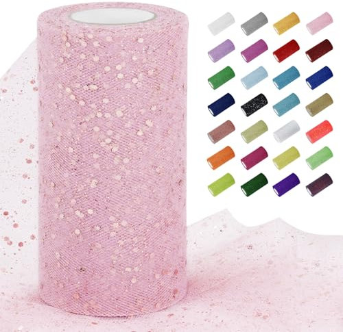 Uiopa Rouleau de Tulle Rose 15cm x 22m Tulle Mariage Pailleté Polyester Decoration Ruban Tissu de Maille pour Tutu Jupe, Deco Voiture Mariage, Deco Fête, Artisanat