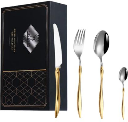 Besteck Set 6 Personen – Edelstahl 18/10 Silber-Gold – Luxus Besteck Spülmaschinenfest & Rostfrei – Modern Ergonomisch – Geschenkbox – PVD Beschichtet Velora Besteckset