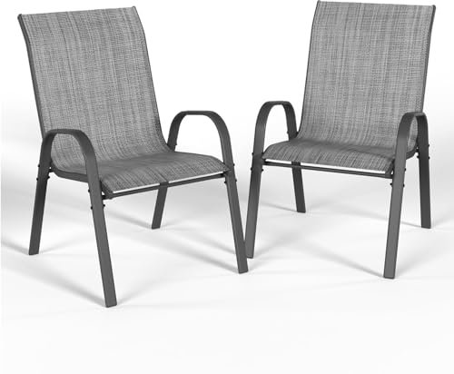 UDPATIO Stackable Garden Dining Chairs Set of 2, Outdoor Patio Chairs with High Back, Breathable Textilene Seat and Steel Frame for Garden, Balcony, Backyard, Grey