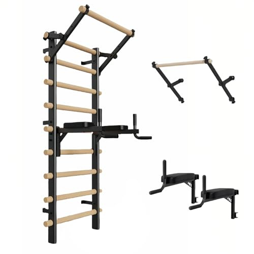 SAYEYBU Wandmontiertes Sprossenwand Sprossenwand Set aus Holz, Verstellbare Klimmzug und Dip Station für Erwachsene und Kinder, 9 Anker Massive Kiefer, Heimfitness,Schwarz