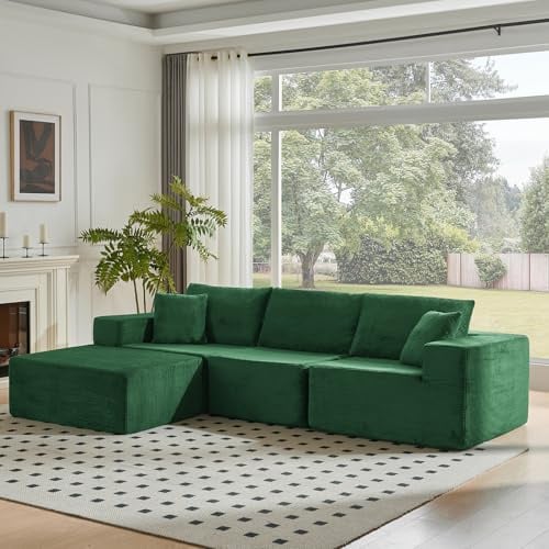 CHOSHOME 275cm Ecksofa mit Schlaffunktion - Big Modulares L-Form Cloud Couch, Cord Boneless Sofa Bed mit Ottomane, 4-Sitzer-Sektionssofas für Wohnzimmer, Keine Montage erforderlich, Grün