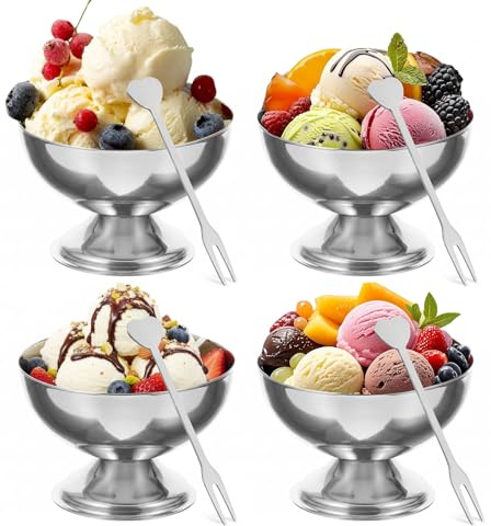 4 Stück Eisbecher Edelstahl - Ø 10cm 200ml Edelstahl Dessertgläser mit Gabel, Ice Cream Sundae Dessertschalen, Cocktail Gläser mit Fuß für Obst Salat Joghurt und Fruchtpudding, für Hochzeiten, Partys