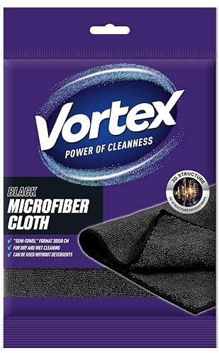 VORTEX Mikrofasertuch / 30×50 cm/Sehr saugfähig/Universell/Nass- und Trockenreinigung/Flauschige Fasern/Streifen/Ohne Reinigungsmittel/Für Zuhause, Büro, Auto/Schwarz / 1 Stück