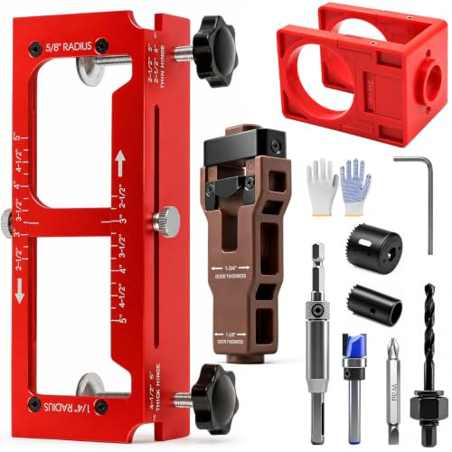 Door Hinge Jig, Aluminum Alloy Door Hinge Template for Router with Door Lock & Latch Installation Kit, Adjustable Mortise Jig Fits 2.5 to 5 Hinges Length, 1/4 Radius, 5/8 Radius and Square Corners