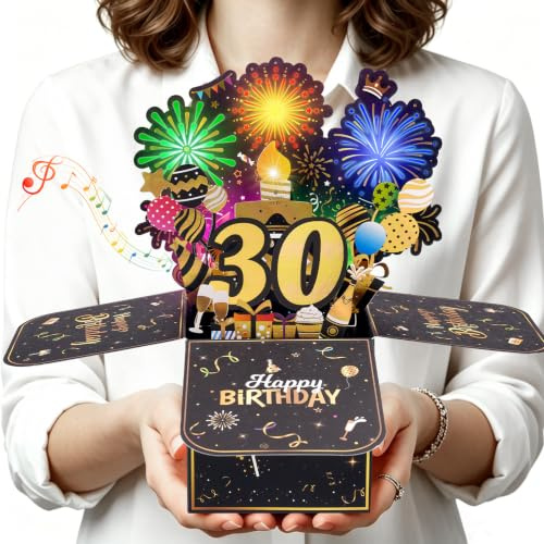 Geburtstagskarte zum 30. Geburtstag mit Musik & Licht für Frauen und Männer | Pop-Up „Happy Birthday“ 30. Geburtstagskarte mit Feuerwerk & ausblasbarer Kerze für Enkelin, Enkel, Ehefrau und Ehemann