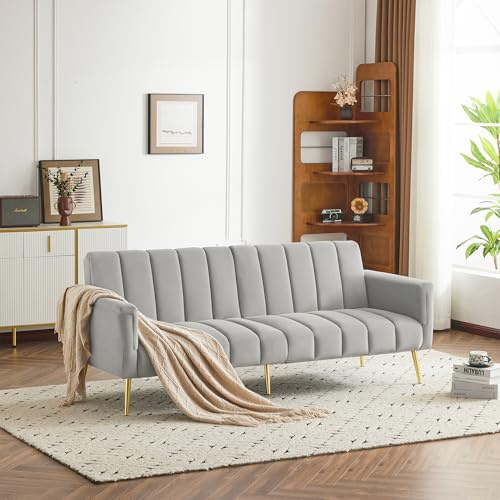 Xwiny Schlafsofa mit Verstellbare Rückenlehne, Klappbares Sofa mit Schlaffunktion, Multifunktionales Sofa mit Metallfüße, Couch für Wohnzimmer, Schlafzimmer, Samtstoff, Grau-A, 220x104x75 cm