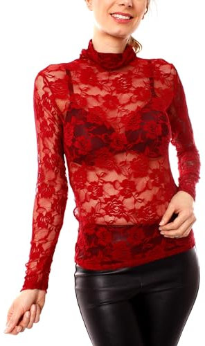 Easy Young Fashion - Damen Turleneck Langarmshirt mit Spitze - transparente Stehkragen Bluse - Skinny Fit OneSize 1096 - Dunkelrot