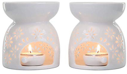 ComSaf Wax Melt Burners Essential Oil Burners Set of 2 - Flower Pattern, Lovely Aromatherapy Aroma Burner Ceramic Lamp Diffuser Candle Tealight Holder Home Bedroom Decor Christmas Housewarming Gift