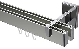 Interdeco eckige Innenlauf Gardinenstangen/Innenlaufstangen Edelstahl Optik/Chrom doppelläufig Typ 10212821, 280 cm