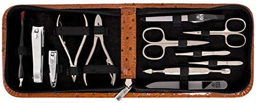 DREI SCHWERTER - 12-tlg. Maniküre-Pediküre-Set 'Firenze' | Hochwertiges Nageletui aus Kunstleder Straussoptik cognac zur Hand- & Fußpflege | Inhalt: Nagelschere, Nagelknipser, Pinzette & vieles mehr!