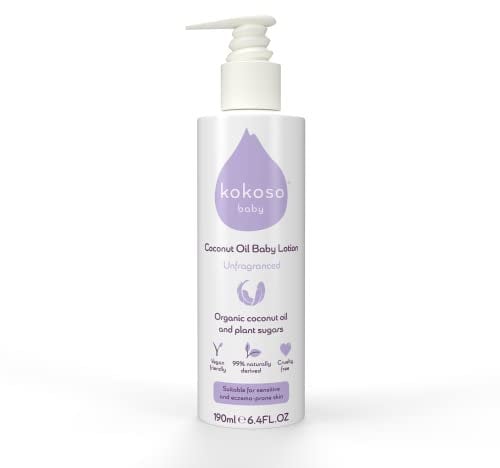 Kokoso Baby - Coconut Oil Baby Lotion, Unfragranced - Organic Coconut Oil & Sweet Almond Oil - Moisturises & Nourishes - Suitable for Dry, Sensitive & Eczema Prone Skin - 190ml