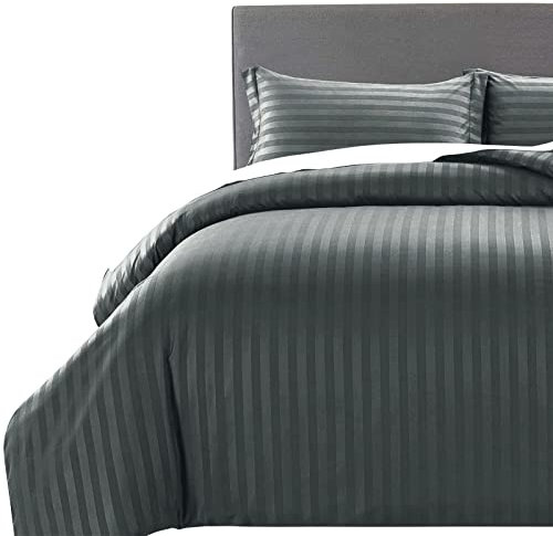 MOONLIGHT20015 Super King Duvet Set Reversible Stripes Satin Bedding Sets with 2 Pillowcases Soft Hypoallergenic Duvet Cover (Charcoal 260x220)
