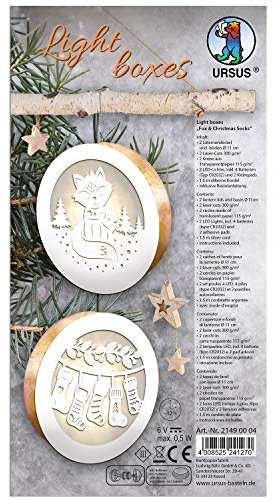 Ursus 21490004 - Light Boxes ca. Ø 11 cm Fox & Christmas Socks, 2 Laternendeckel und -böden, 2 Laser Cuts, 2 Kreise aus Transparentpapier 115 g/m², 2 LED Lichter, inkl. Zubehör und Bastelanleitung