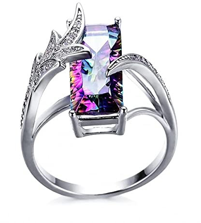 DJMJHG Mystic Topaz Edelsteinringe Pure 925 Sterling Silber Schmuck Hochzeitsfeier Geschenk für Frauen Größe 6-10 10 Silber