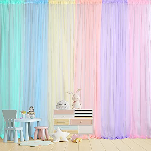 6 Farben Regenbogen Hintergrund Vorhänge Tüll Party Kulisse Vorhänge Bunte Durchsichtige Paneele Vorhänge für Baby Dusche Tür Fenster Schlafzimmer Klassenzimmer Kinderzimmer (blau, orange, grün)