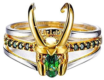 HUSHUI Loki Ring, Damenringe, 3 in 1 Filmhelm Ringe Grüner Kristall Metalllegierung Stapelringe Unisex Cosplay Schmuck Requisiten