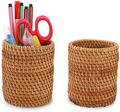 Okllen 2 Pack Rattan Pencil Holder, Handmade Wicker Pen Cup Makeup Brushes Holder, Woven Vine Desk Organizer Pen Container Box for Office & Home Desktop, Kitchen Utensil Cutlery, Cylinder