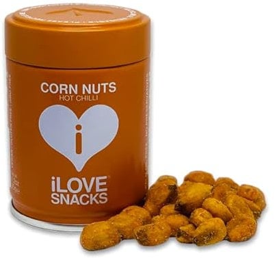 iLOVE SNACKS - Hot Chilli Corn Nuts, Gluten-Free, Plant-Based, Vegan, GMO Free, Palm Oil Free, Healthy, Spicy, Savoury Snack, Recyclable & Reusable Tin Packaging, 15x35g