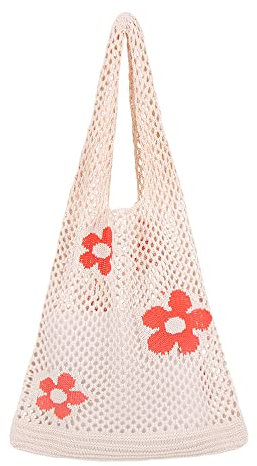 Ovida Häkeltasche Mesh Strandtasche Fairycore Hobo Tasche Fairy Grunge Ästhetische Schultertasche Y2k Geldbörse für Frauen Mädchen, A-beige Blume, Einheitsgröße