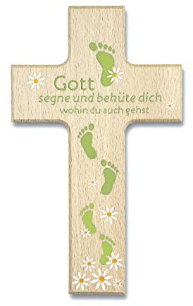 Uljö Kinderkreuz Holzkreuz ''Gott segne und behüte dich'' Füße blau (grün), 9x15 cm