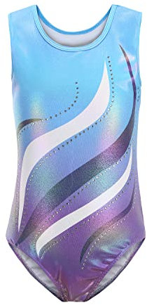 Sinoeem Gymnastikanzug Kinder Mädchen Langarm/Ärmellos Klassisch Turnanzug Ballettröckchen Trikotanzug Tanz Gymnastik Training Dancewear für Mädchen (Blau-Ärmellos, 9-10Jahre)