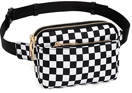 UTO Gürteltasche für Damen Herren wasserdichte Nylon Hüfttasche Mode Leichte Brusttaschen mit 3 Reißverschlüssen Bauchtasche für Reisen Laufen Wandern Radfahren Schachbrettartig mit Goldenem RV