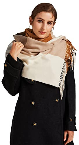 VaneriHome Damen Schal Wolle mit klassisches Karo Design und Quaste Winter dicke Deckenschal 70 x 190 cm, Cognac Grau Beige