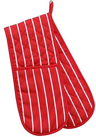 Professional Butchers Stripe Double Sided Oven Glove 100% Cotton Cooking Gloves Heavy Duty Mitts Resistant Cooking Gloves 86cm (33) (Red)