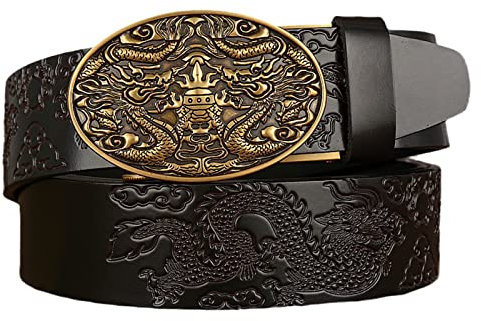 Surrycee Herren Leder Ratsche Gürtel Schiebe verstellbare Automatikschließe, Western Cowboy Drache graviert handgemachte geprägte Gürtel, Trim zu passen,Schwarz,110cm/waist:36~38
