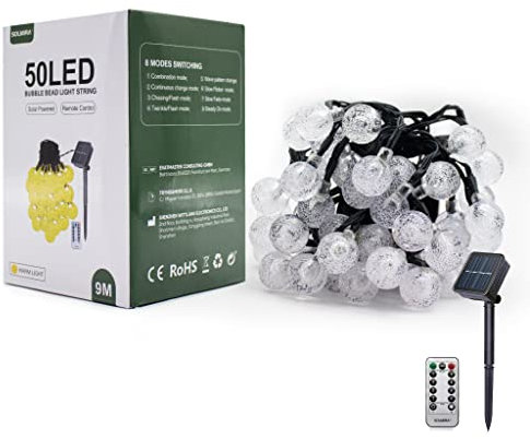 SOLMIRA LED Solar Lichterkette Außen, Blasenform, 50 Warme LEDs, 9M, 8 Modi, CE und RoHS Zertifikat