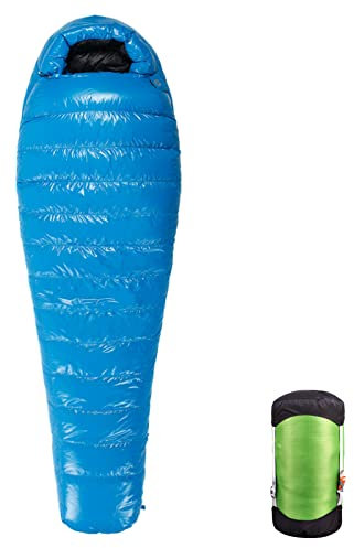 NewDoar Ultraleichter Schlafsack Frühling Sommer Herbst Ultrakompakter Schlafsack Warmer Praller Mumienschlafsack 400g Entendaunenfüllung für Wandern, Rucksackreisen und Camping-Blau Groß