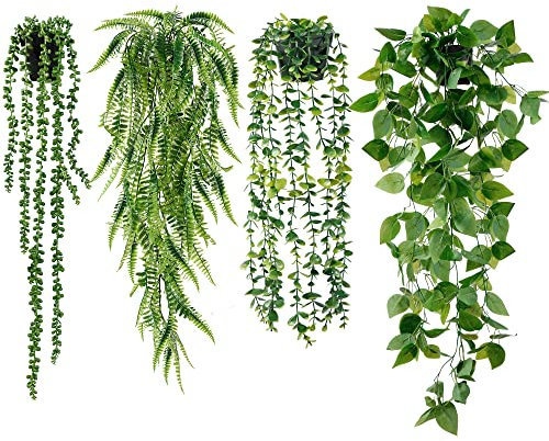 Sggvecsy Künstliche Hängepflanzen, 4 Stück, künstliche Hängepflanzen, künstliche Eukalyptus-Ranken, Perlenschnur, Boston, Farn, Efeu, Blätter für Zuhause, Wand, Gartendekoration