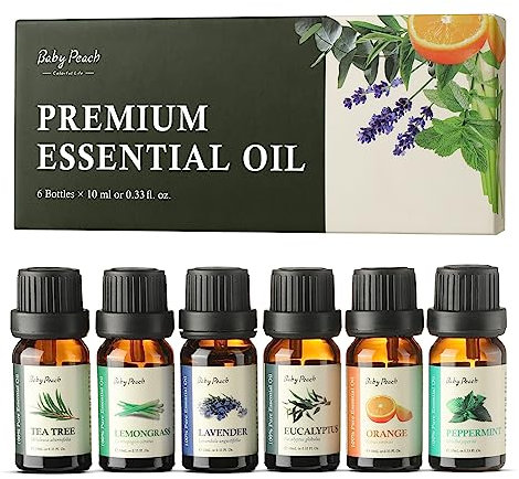 BABYPEACH Essential Oils Set - Top 6 Aromatherapy Oils Perfect for Diffuser, Humidifier, Candle Making,Home Care,Gifts - Lavender, Eucalyptus, Orange, Peppermint, Lemongrass, Tea Tree (Pack of 6 10ml)