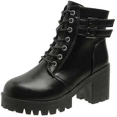 Onsoyours Stivali da Donna Boots Gothic Chunky Anfibi Scarpe con Zip Tacco Medio Punta Tonda Moda Stivaletti alla Caviglia con Lacci Autunno Inverno Primavera A Nero 37 EU