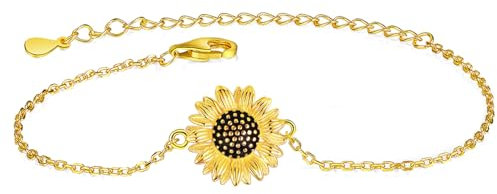 LINSTER Sonnenblumen Armband für Damen 925 Sterling Silber Vergoldet Verstellbare Sonnenblumen Armbänder Schmuckgeschenke zum Geburtstag Weihnachten für Damen Mädchen