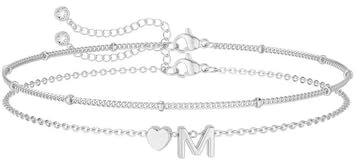 LAXPICOL Bracelet de cheville double couche réglable en argent avec fermoir à griffe, bracelet extensible avec lettre et cœur, bijou pour femme, adolescent, couple, petite amie, Initial M, Pierre