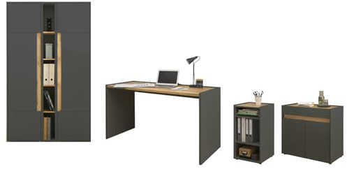 Furn.Design Büromöbel Set in grau matt und Wotan Eiche Holz modern mit Schreibtisch, Kommode, Aktenschrank, Regak für Homeoffice und Büro Schreibtisch mit Stauraum Center (Set 4)
