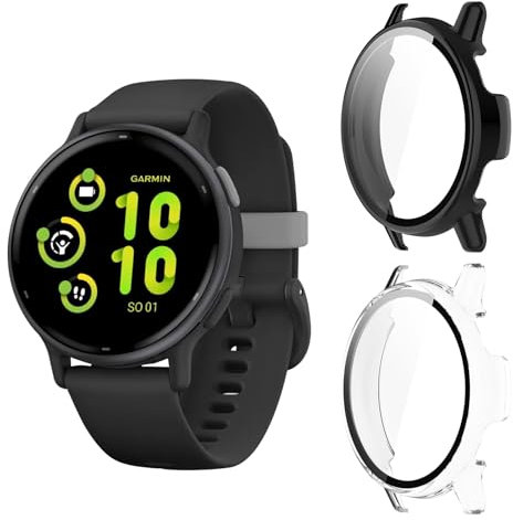 Aerku Funda Compatible con Garmin Vivoactive 5, 9H HD Anti-Choque Parachoques Anti-rasguños Protector Duro PC Marco Cristal Templado Protector de Pantalla Funda - Transparente&Negro