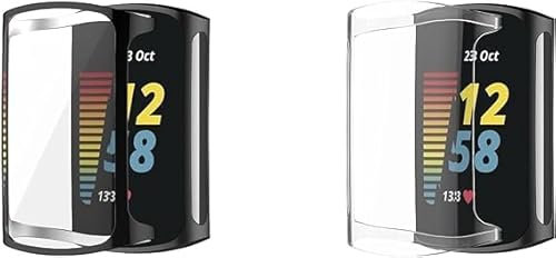 Pack of 2 Case for Fitbit Charge 6, Protective Film, Flexible TPU Screen Protector Case, Scratch-Resistant Cover, Protective Case Compatible with Fitbit Charge 6/Charge 5 (Black/Clear)