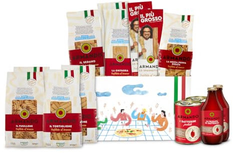 ARMANDO Confezione Grano & Pomodoro, Box Degustazione con 10 pacchi da 500gr di Pasta di Semola di Grano Duro di Filiera 100% Italiana, 2 Confezioni di Datterini Pelati e 2 di Passata di Datterini