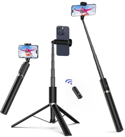 ATUMTEK 174cm Palo Selfie Tripode, Selfie Stick con Control Remoto Bluetooth Recargable, Compatible con Teléfonos Inteligentes iPhone y Android, Viajes, Vlogs, Vídeos y Fotos, Negro