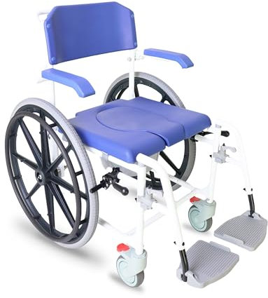 KMINA PRO - Toilettenstuhl für Senioren mit Rollen, Höhenverstellbar, Duschstuhl für Behinderte, Fahrbar, Blau