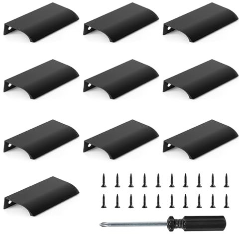 FINEASY 10 Stück Versteckte Schrankgriffe Schwarz, 80mm Verdeckter Möbelgriffe mit 20 Schrauben und 1 Schraubendreher, Versteckter Türgriff Aluminium Schubladengriff für Küchenschränk Schublade